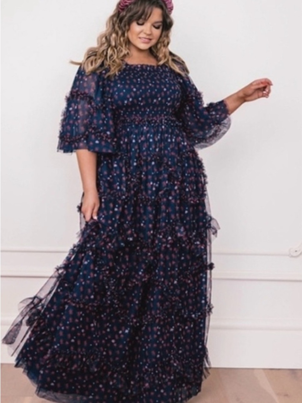 JessaKae Ever After Navy Blue Maxi Dress with Red Floral Print